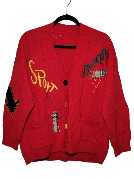 Ebossy Sweaters - Ebossy Knit Cardigan Red Colorful Embroidery Patches Women Medium Streetwear Y2K